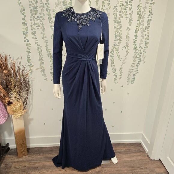 Mac Duggal 55713 Beaded Long Sleeve Gown Midnight Navy Size 2 NWT - Picture 5 of 15